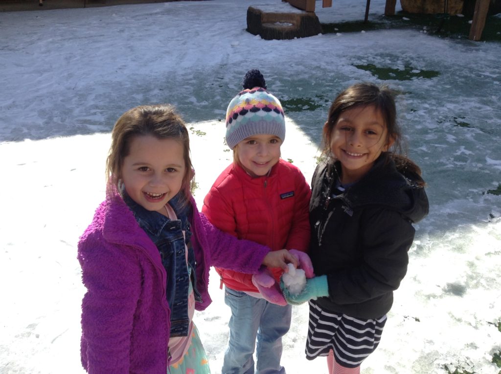 Pictured left to right: Sydney, Agnes, and Sophie (holding Mr. Snowman)  -Kindergarten Students PDS Lower School