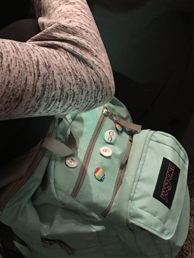 A student's backpack who was watching the inauguration of Donald J. Trump...We are a school that encourages respect for both liberal opinions and a conservative president..very cool, Chargers, very cool.