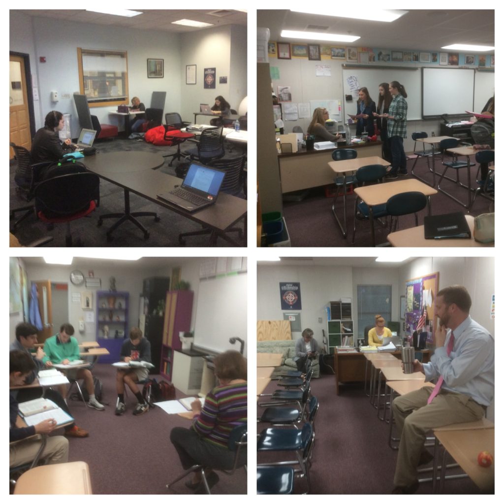 Students work in the Quiet. Emily Young helps students review for a test.  Jennifer Bratyanski, Andrea Gowin, and Mike Lindquist share a conversation.  Roberta McKaig teaches her Latin 5/6 students.